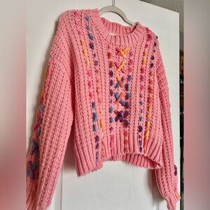 Vibrant Pink Knit Sweater with Multicolor Accents